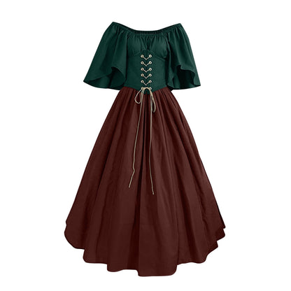 Women's Plus Size Renaissance Faire Dresses - Medieval Irish Traditional Corset Gown with Ruffle Overlay for Retro Cosplay