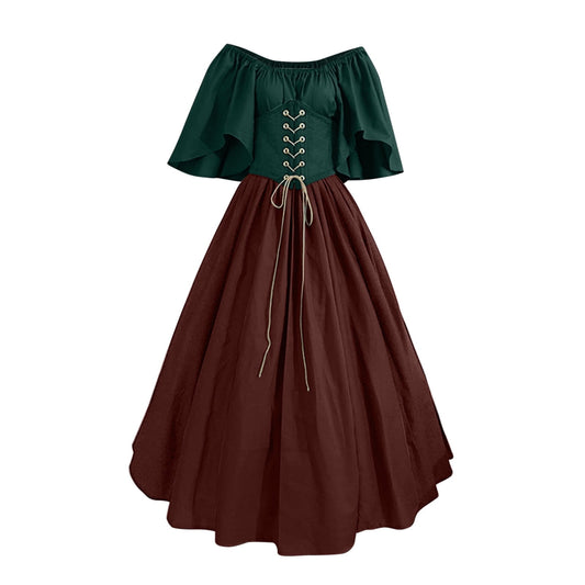 Women's Plus Size Renaissance Faire Dresses - Medieval Irish Traditional Corset Gown with Ruffle Overlay for Retro Cosplay